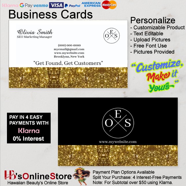Cartão de visita 17 preto Dourado com Modelo (Gold Black Elegant Business Card with Template 17.)