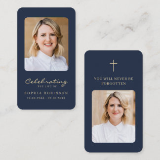 Cartão De Visita 2 Foto Dourada Script Funeral Blue Prayer Card
