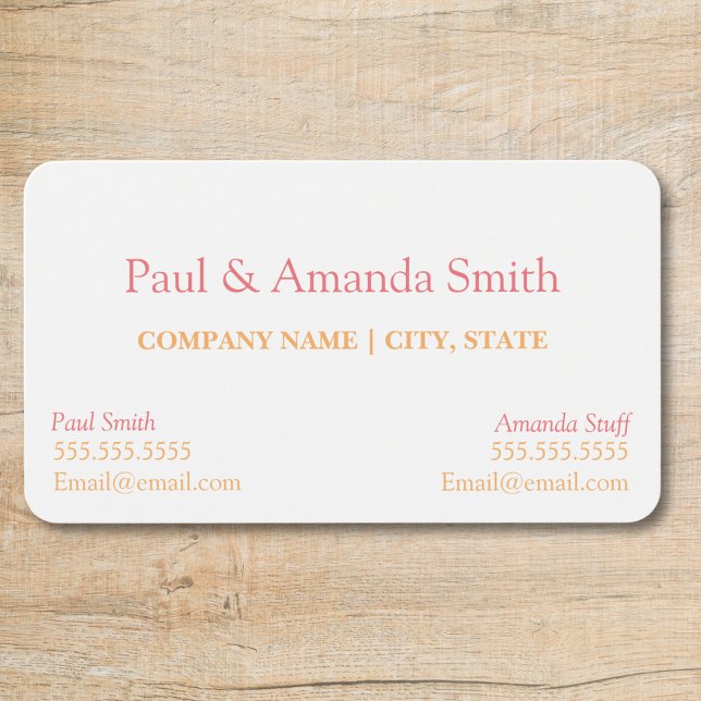 Cartão de visita - 2 nomes (business card with slot for two names Rounded corners Pink and Orange text, two contacts)