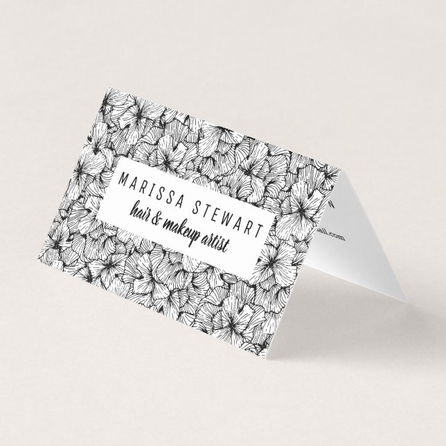 Cartão De Visita A mão moderna branca preta tirada floresce meios (Frente)