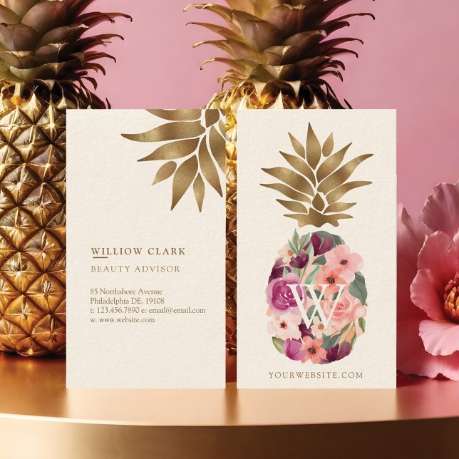 Cartão De Visita Abacaxi de Ouro de Aquarela Botânica Chic (Chic Floral Botanical Watercolor Golden Pineapple Business Card)