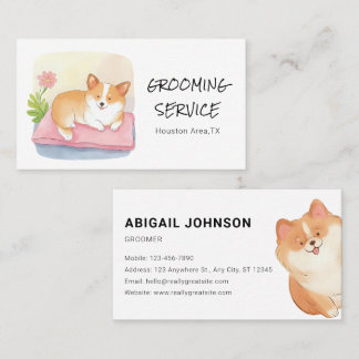 Cartão De Visita Abate de Pet de Aquarela com Design de Corgi Cute