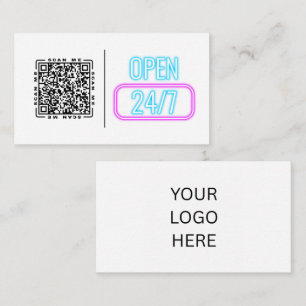 Cartão De Visita Aberto 24/7 Neon   Código QR e Logotipo Personaliz