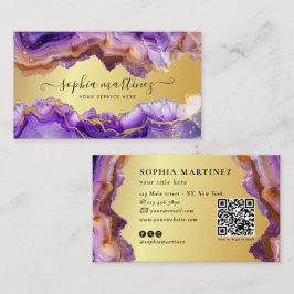 Cartão De Visita Abstract Purple Agate gold glitter marble QR Code