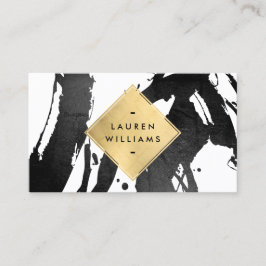 Cartão De Visita Abstrato Black Brushstrokes Faux Gold Foil Diamond