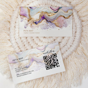Cartão De Visita Abstrato de d'água Dourada e roxa elegante QR