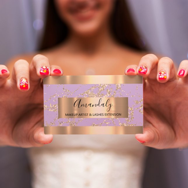 Cartão De Visita Abstrato Dourado Traços Frame Marble Lavanda Viole (Criador carregado)