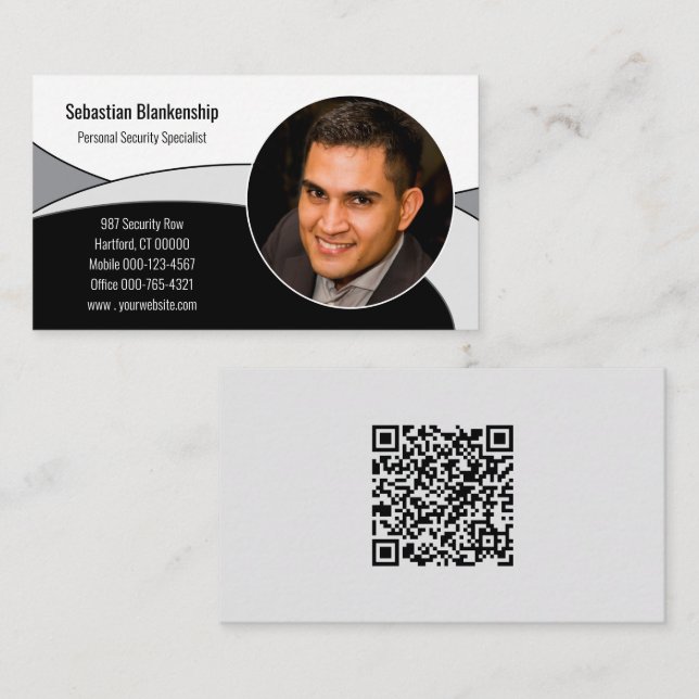 Cartão De Visita Abstrato preto, branco e Cinza com código QR e fot (Frente/Verso)