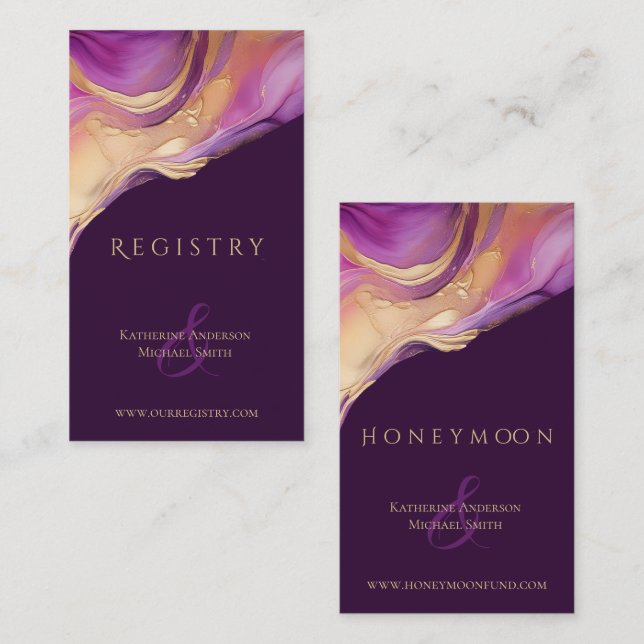 Cartão De Visita Abstrato Roxo e Casamento Elegante Dourado Moderno (Frente/Verso)