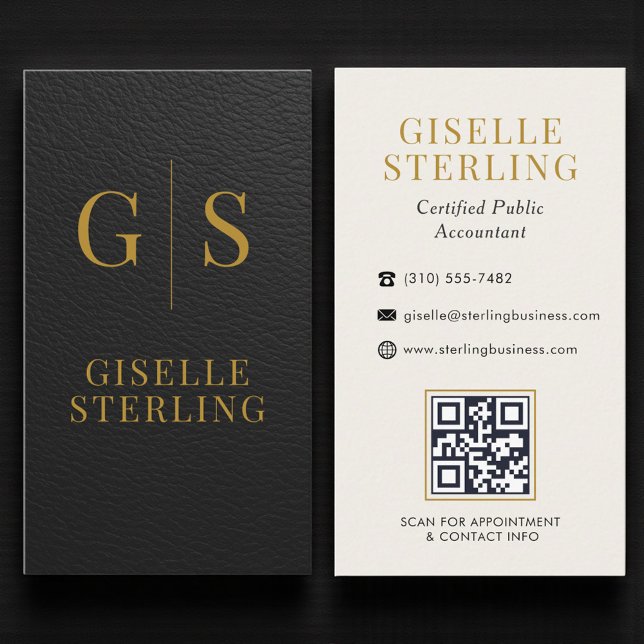Cartão De Visita Accountant CPA Faux Leather Black Gold QR Code (Criador carregado)
