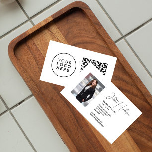 Cartão De Visita Adicione sua foto de logotipo QR White Simple Prof