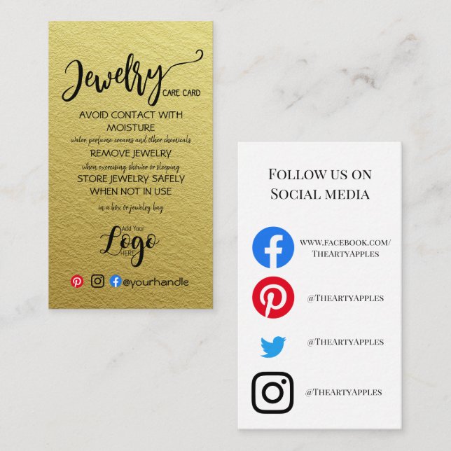 Cartão De Visita ADICIONE SUAS PLACAS DE CUIDADOS DE joias DE LOGOT (Frente/Verso)