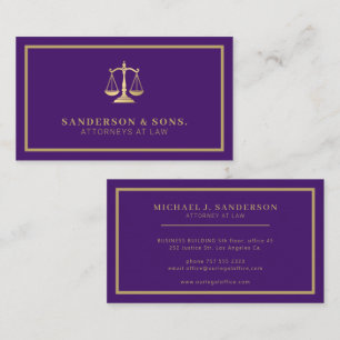 Cartão De Visita Advogado profissional elegante dourado roxo