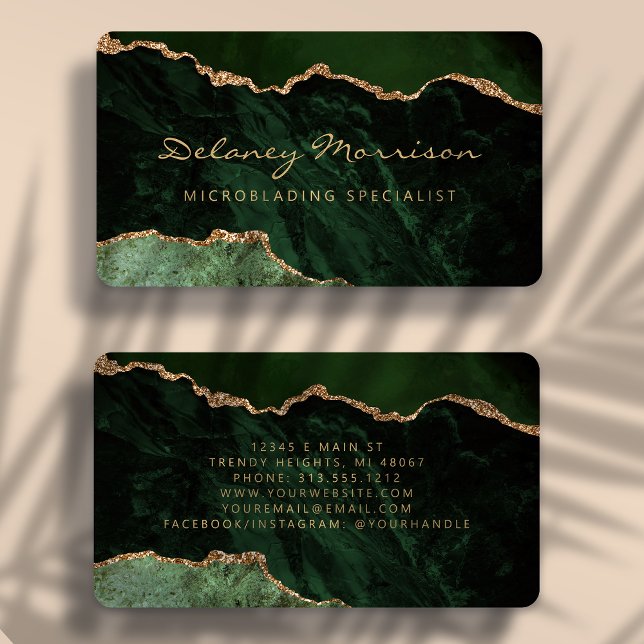 Cartão De Visita Ágata Dourada Verde Microblading Arredondado (Criador carregado)