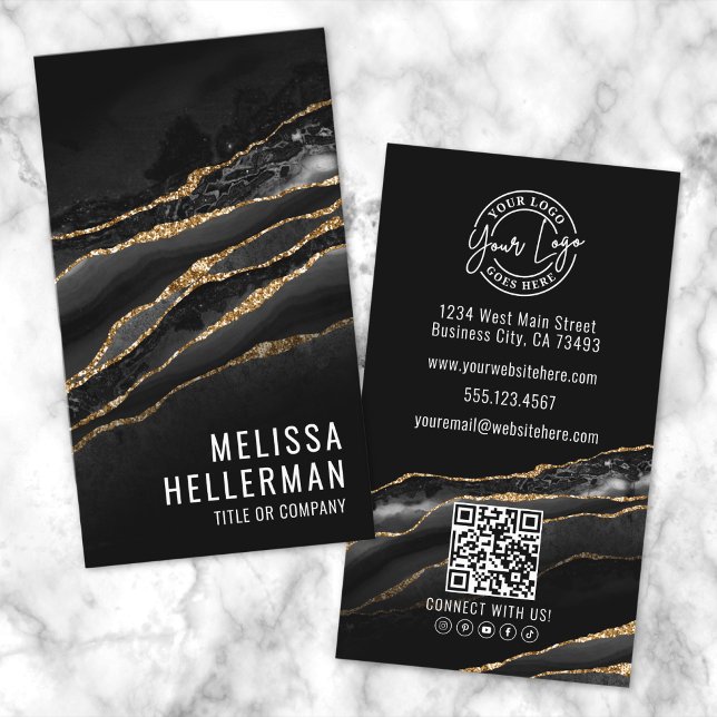 Cartão De Visita Ágata Preta Elegante Dourada (Elegant Black Gold Agate Business Card)