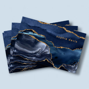 Cartão De Visita Agato azul Elegante Marinho com Faux Dourado