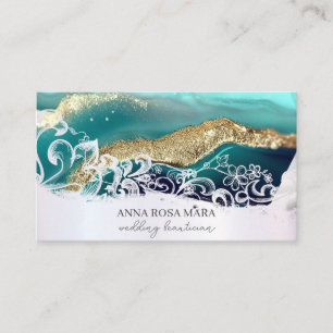 Cartão De Visita *~* Agato QR Branco Dourado Turquesa AP66 Glam Lux