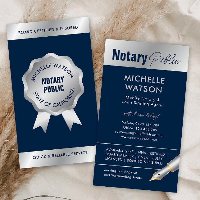 Cartão De Visita Agente de Assinatura de Empréstimo Notário Marinho (Stylish notary public & lawyer business cards in navy blue and silver)