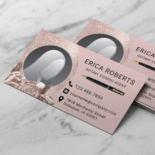 Cartão De Visita Agente de Assinatura Notária Glam Rosa Dourada Fot