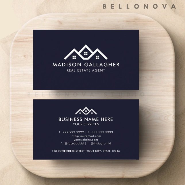Cartão De Visita Agente de Imóveis Branco Azul de Marinho Escuro Pe (Custom Dark Navy Blue White Real Estate Agent Business Card)