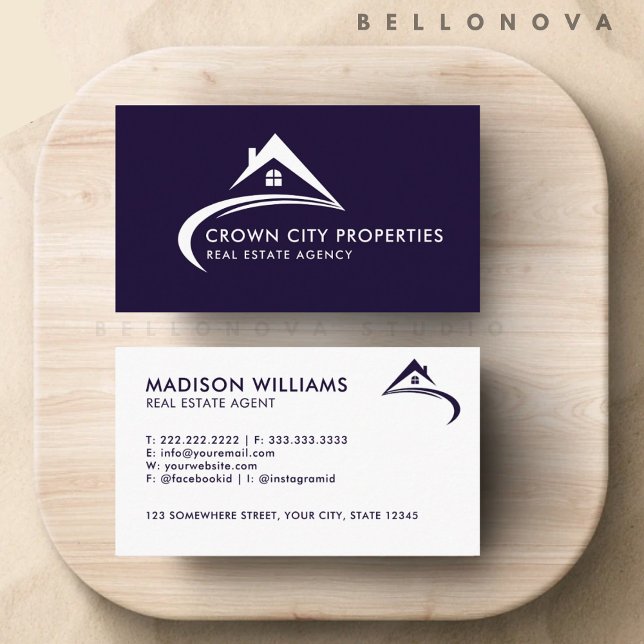 Cartão De Visita Agente de Imóveis Branco Azul de Marinho Escuro Pe (Custom Dark Navy Blue White Real Estate Agent Business Card)