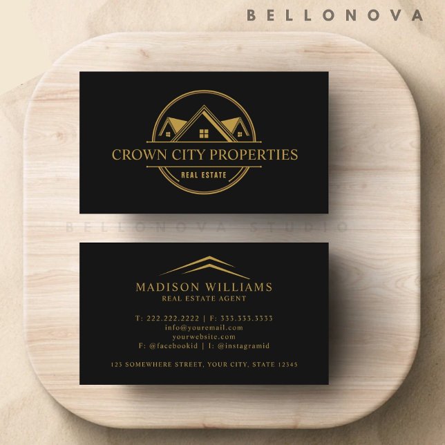 Cartão De Visita Agente de Imóveis Dourado e Preto Personalizado (Custom Black and Gold Real Estate Agent Business Card)