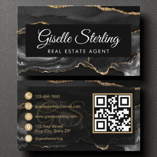 Cartão De Visita Agente Imobiliário Código QR Agate Dourado Preto L