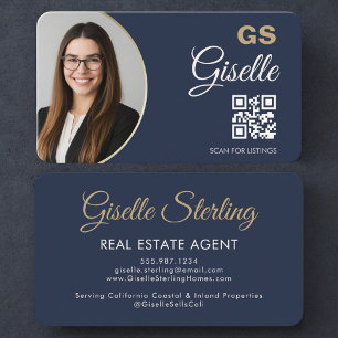 Cartão De Visita Agente Imobiliário Código QR de Foto Azul Marinho