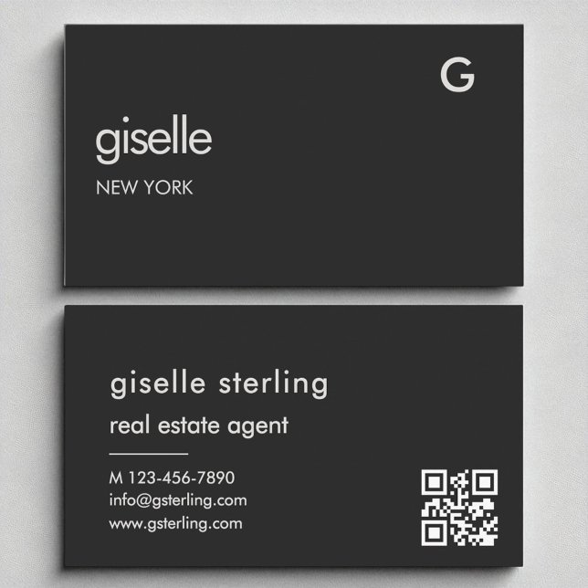 Cartão De Visita Agente Imobiliário Elegante Black QR Code Monogram (Criador carregado)