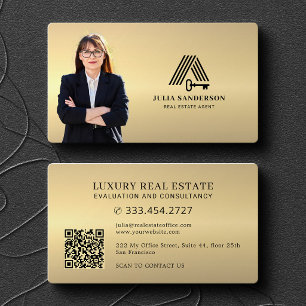 Cartão De Visita Agente imobiliário foto QR dourado metálico falso
