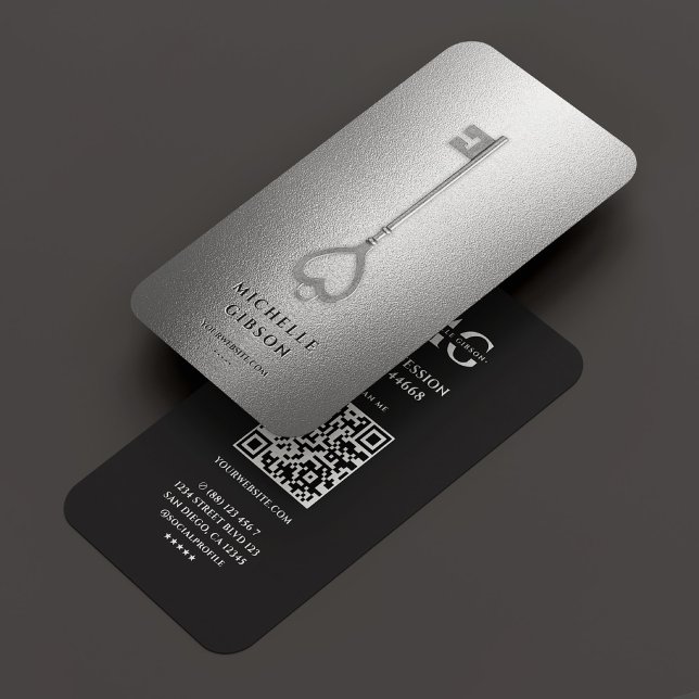 Cartão De Visita Agente Imobiliário Silver Key Modern Realator (Real Estate Agent Silver Key Modern Realtor Business Card
)