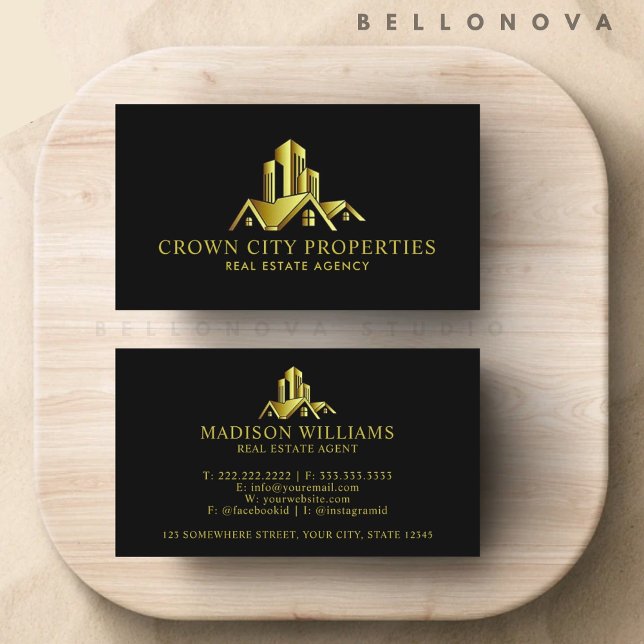 Cartão De Visita Agente Preto E Dourado Premium Imobiliário Persona (Custom Black And Gold Premium Real Estate Agent Business Card)
