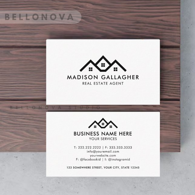 Cartão De Visita Agente Preto-Escuro Personalizado E Imobiliário Br (Custom Dark Black And White Real Estate Agent Business Card)