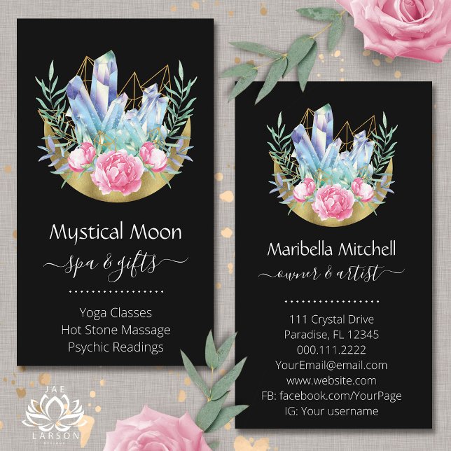 Cartão De Visita Aglomerado de Cristal de Lua Crescente Boho Rosas  (Criador carregado)