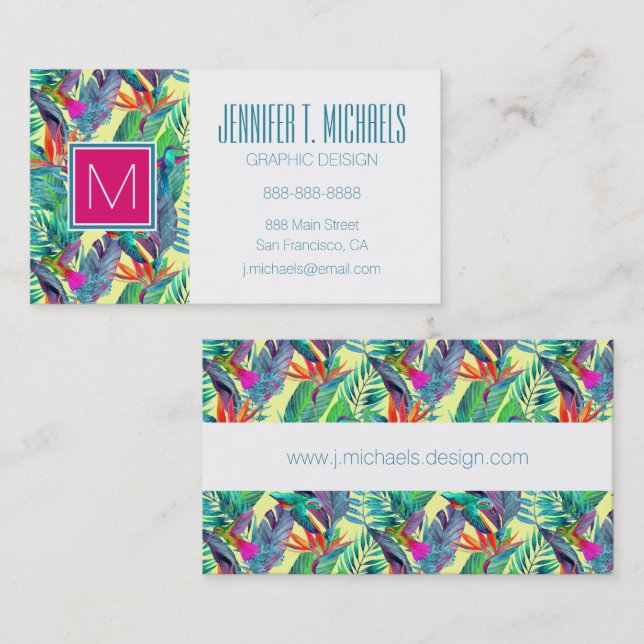 Cartão De Visita Aguarela Humminbirds no monograma da selva | (Frente/Verso)
