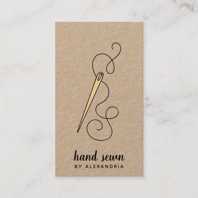 Cartão De Visita Agulha Dourada e thread | Rustic Kraft Vertical (Frente)