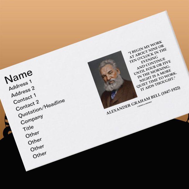 Cartão De Visita Alexander Graham Bell Noite Mais Silenciosa Trabal (Alexander Graham Bell work quote for night owls on this business card)