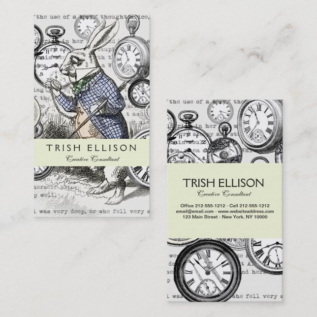 Cartão De Visita Alice no Coelho Branco em Relógios Maravilhosos (Frente/Verso)
