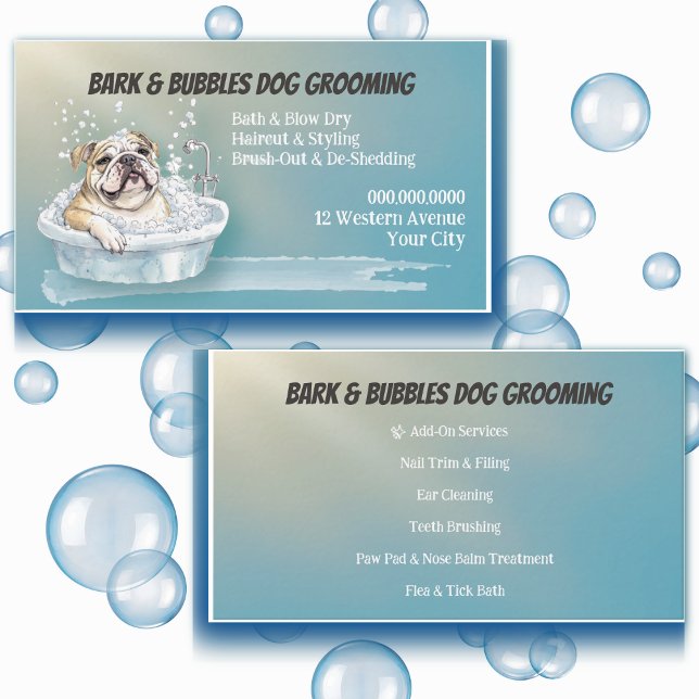 Cartão De Visita Alinhamento de Pet de Cachorro Personalizado (Cute dog grooming business card with bubbly bath illustration – perfect for pet salons & groomers.)