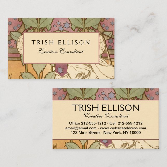 Cartão De Visita Alphonse Mucha Elegant Art Nouveau Stars Camellia  (Frente/Verso)