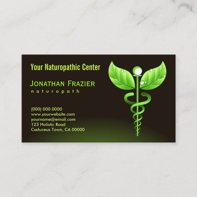 Cartão De Visita Alternativo Medicina Naturopath Green Caduceus (Frente)