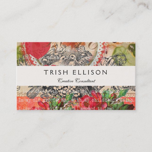 Cartão De Visita Amar Pássaros Coração Colagem de Arte Vermelha (Frente)