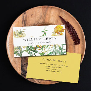 Cartão De Visita Amarelo Aquarela Floral & Greenery Professional