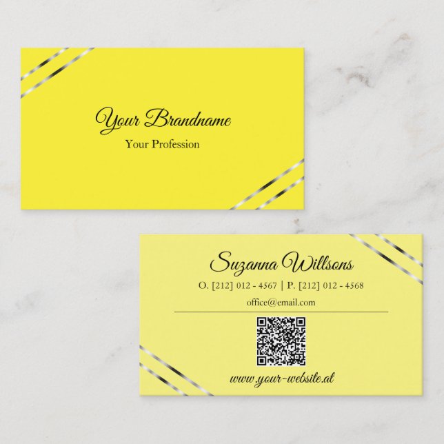 Cartão De Visita Amarelo e Creme com Código QR de Linhas Prateadas  (Frente/Verso)