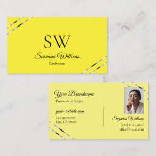Cartão De Visita Amarelo e Creme com Monograma de Foto com Linhas P