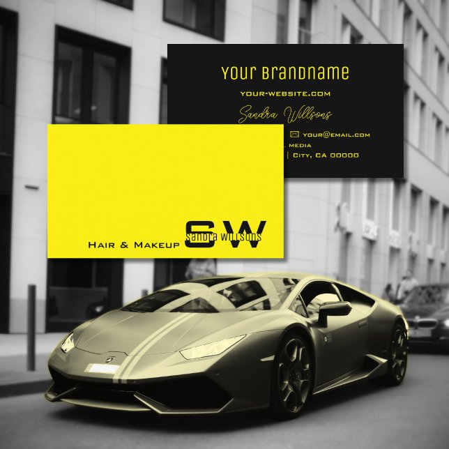 Cartão De Visita Amarelo e Preto em Greve Simples com Monograma (Criador carregado)