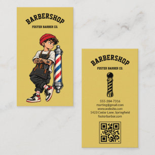 Cartão De Visita Amarelo Mascote de Barbeiro Legal Código QR Estili