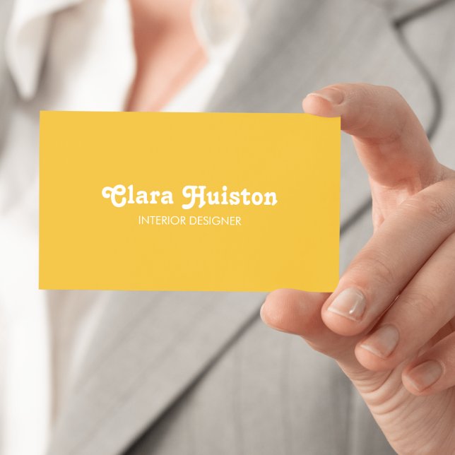 Cartão De Visita Amarelo Mostarda Moderno Chique Script Branco (Modern Fancy Mustard Yellow Script White Business Card)