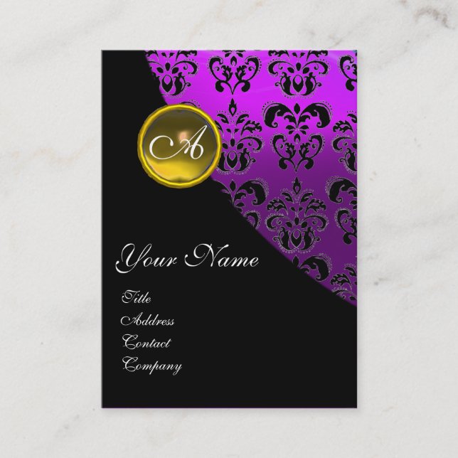 Cartão De Visita AMARELO TOPAZ DAMASK MONOGRAM, violeta roxa (Frente)
