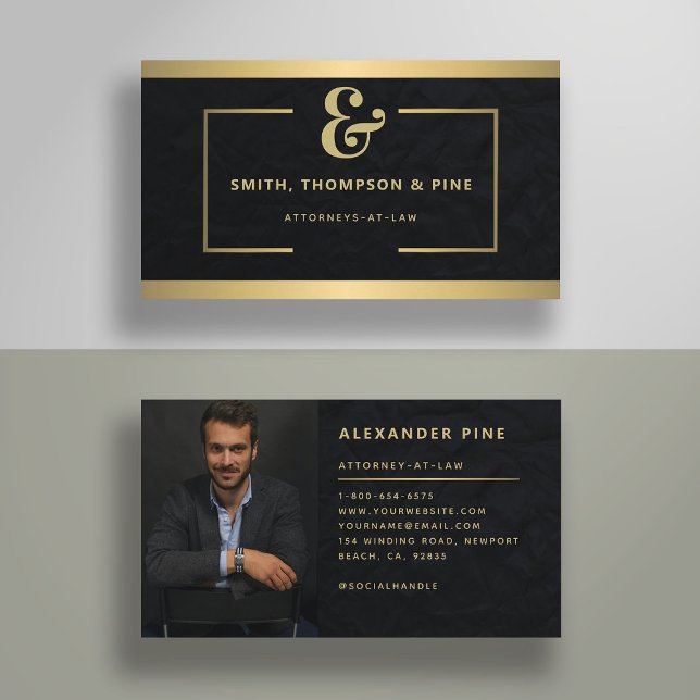 Cartão De Visita Ampersand Modern Black Professional Photo Bus (lawyer business card law legal services paralegal elegant photo black gold line simple modern classy)